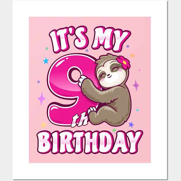 ''It's My 9th Birthday'' Cute Girl Sloth Pink Wall Art by PnJ